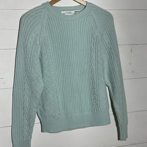 VINTAGE SPRING Cotton Cable knit Baby Blue Sweater: La Moda Size Small - Picture 3 of 5